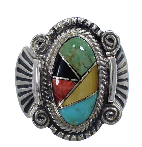 Southwestern Sterling Silver Multicolor Inlay Ring Size 6-1/4 EX56230